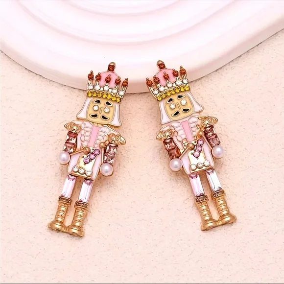 Pink and Gold Nutcracker Earrings - Picture 2 of 4